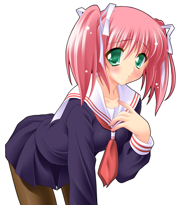 hisane, original, 1girl, blush, brown pantyhose, female focus, green eyes, hair ribbon, pantyhose, pink hair, ribbon, school uniform, serafuku, simple background, solo, twintails, white background
