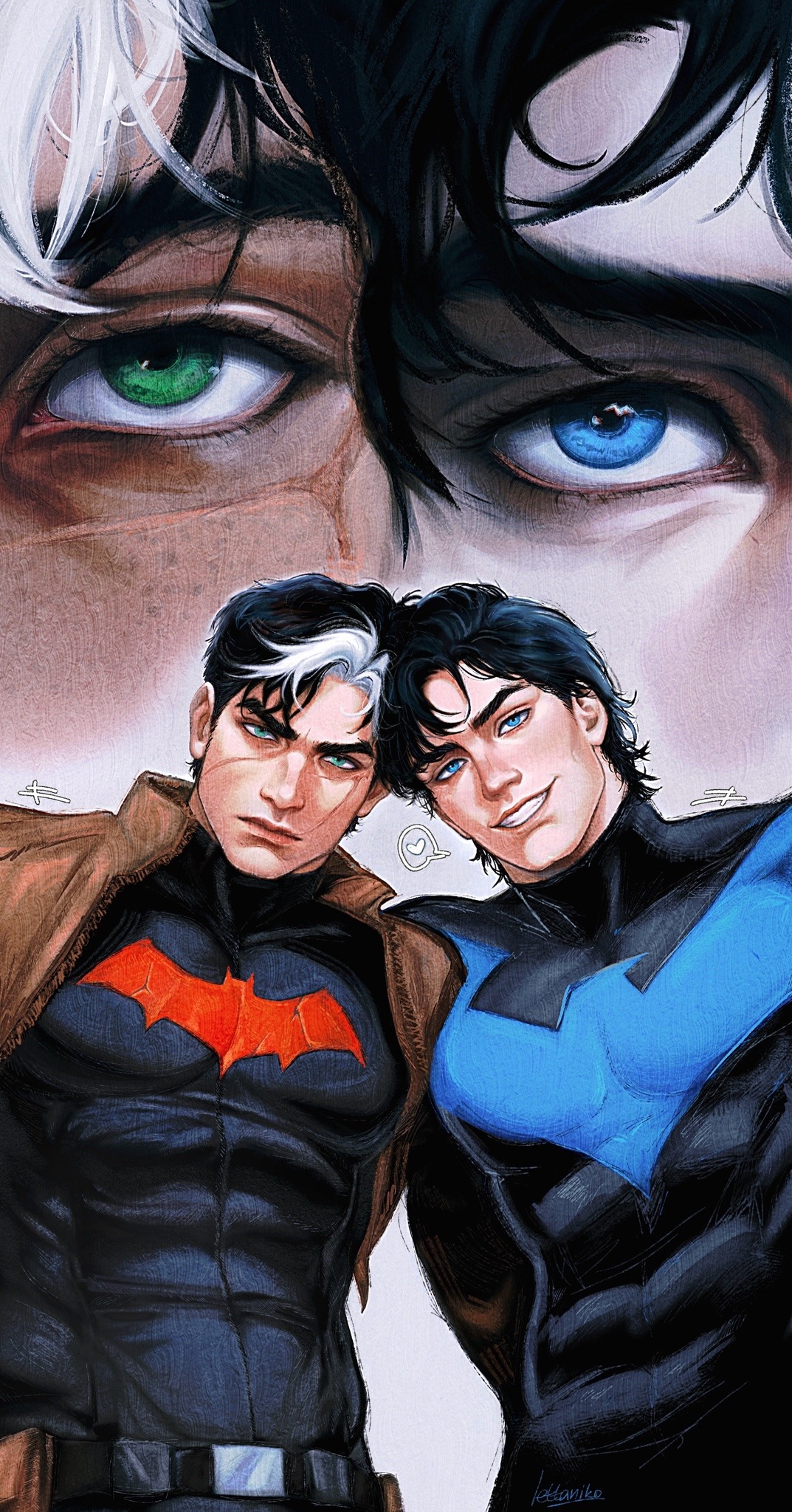 dick grayson, jason todd, nightwing, red hood (dc), batman (series), dc comics, highres, bat signal, batman symbol, black bodysuit, black hair, blue eyes, bodysuit, brothers, brown jacket, gloves, green eyes, grey bodysuit, jacket, lettaniko, male focus, multicolored hair, multiple boys, muscular, muscular male, open clothes, pants, red hood and the outlaws, scar, scar on face, short hair, siblings, smile, superhero costume, taut bodysuit, two-tone bodysuit, two-tone hair, western comics (style)