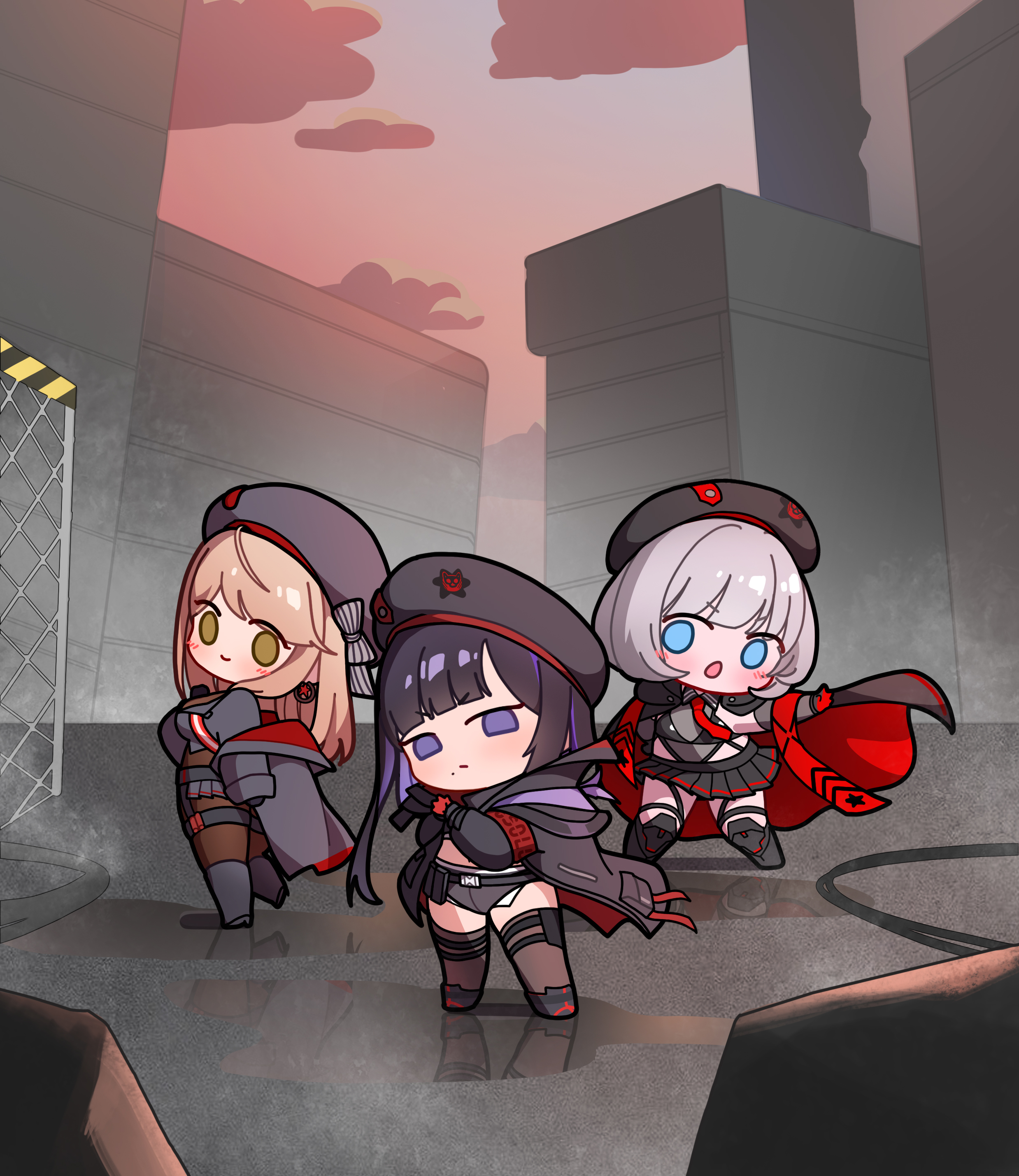 uz (uzru0428), emma (nikke), emma (tactical upgrade) (nikke), eunhwa (nikke), eunhwa (tactical upgrade) (nikke), vesti (nikke), vesti (tactical upgrade) (nikke), goddess of victory: nikke, absurdres, commentary, hashtag-only commentary, highres, 3girls, absolute (nikke), armband, black gloves, black hair, black jacket, black skirt, blue eyes, blunt bangs, blush, bodysuit, boots, breasts, building, cape, chibi, cloud, colored inner hair, earrings, frown, gloves, green eyes, grey hair, hand on own hip, hands up, jacket, jewelry, jitome, large breasts, leotard, long hair, long sleeves, looking at viewer, midriff, mole, mole under mouth, multicolored gloves, multicolored hair, multiple girls, navel, necktie, off shoulder, official alternate costume, open clothes, open jacket, open mouth, orange hair, outdoors, outstretched arm, panties, pleated skirt, puddle, purple eyes, purple hair, red armband, red gloves, red sash, reflection, reflective water, sash, short hair, shorts, side part, skirt, sleeveless, smile, strap, sunset, thighhighs, underwear, wing collar
