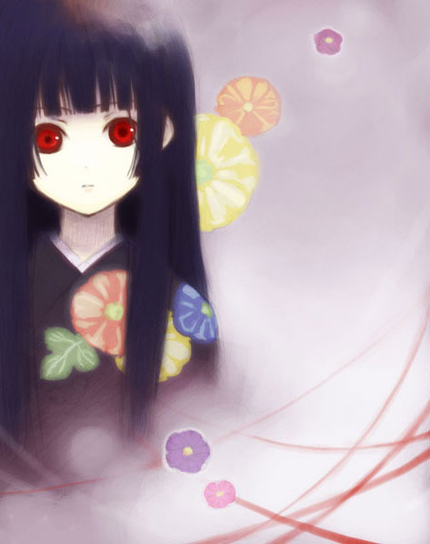 matsuzawa hajime, enma ai, jigoku shoujo, 00s, 1girl, black hair, blunt bangs, female focus, hime cut, japanese clothes, kimono, long hair, red eyes, solo