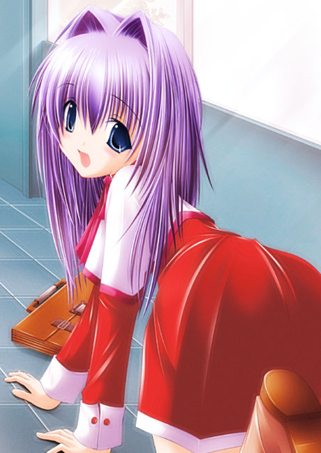 fujiwara tooya, minase nayuki, kanon, 1girl, all fours, blue eyes, blush, female focus, long hair, purple hair, red skirt, school uniform, serafuku, skirt, smile, solo