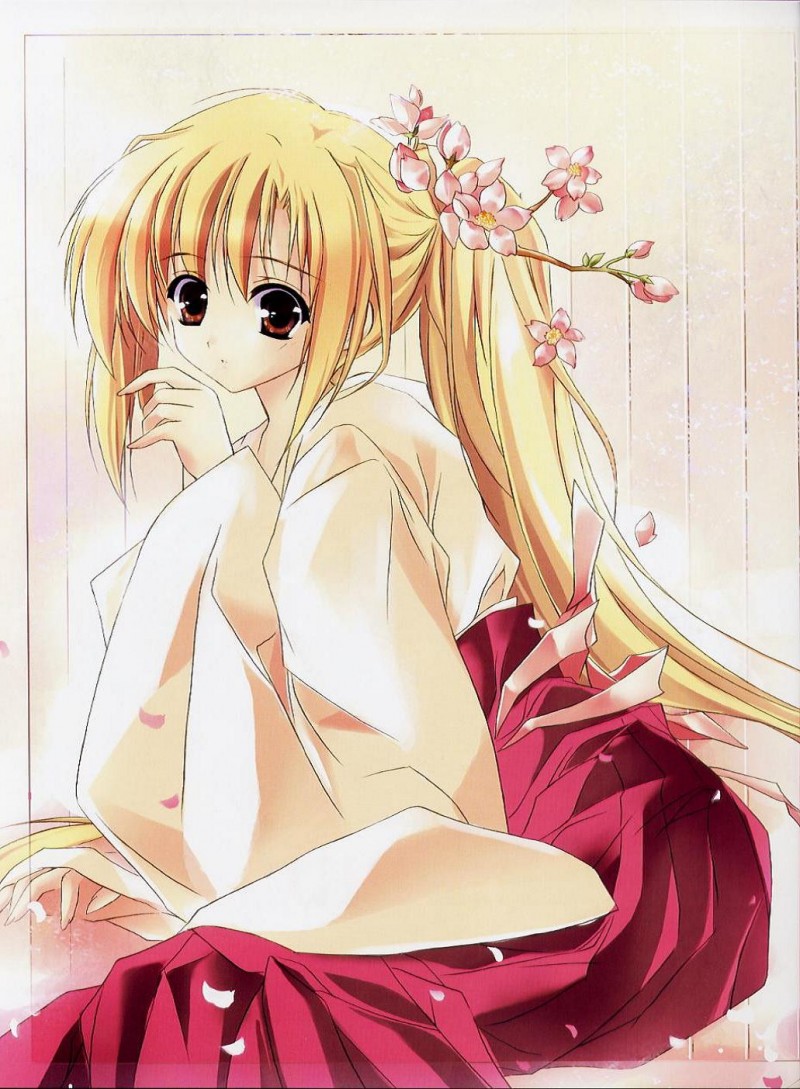1girl, :o, blonde hair, brown eyes, cherry blossoms, female focus, flower, from side, hair flower, hair ornament, hakama, hakama skirt, japanese clothes, kimono, long hair, miko, petals, red hakama, skirt, solo