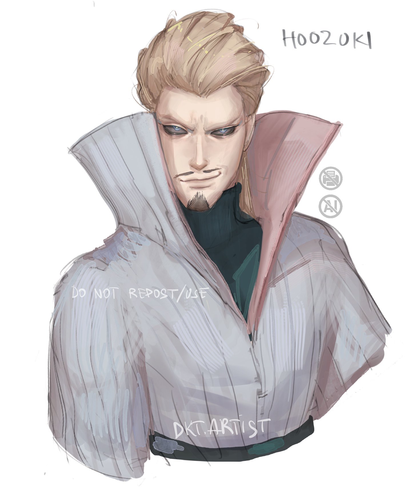 artistdkt, hoozuki gengetsu, naruto (series), naruto shippuuden, highres, 1boy, artist name, blonde hair, blue eyes, character name, facial hair, goatee, long hair, looking at viewer, male focus, mustache, simple background, smile, solo, white background