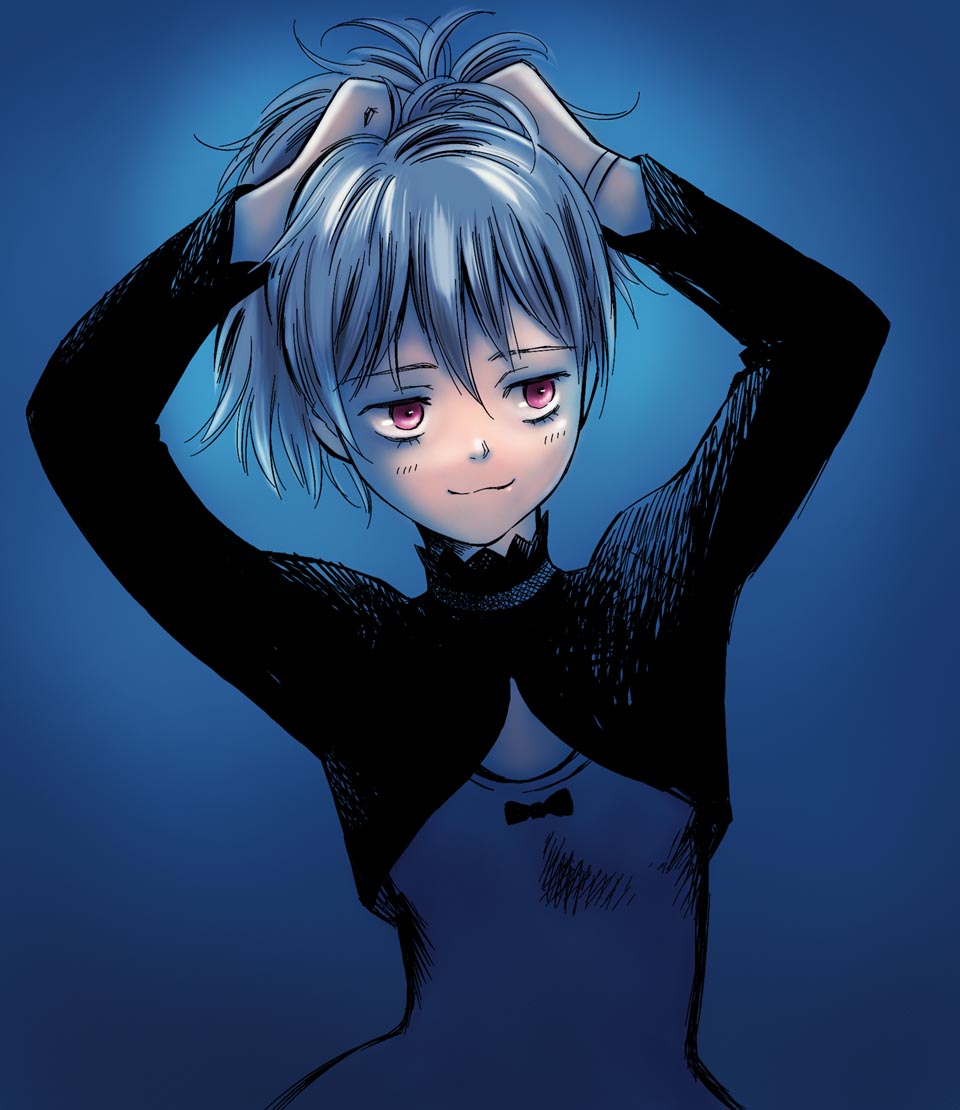 yin (darker than black), darker than black, silver hair, 00s, 1girl, :3, adjusting hair, arms up, blue background, blue bodysuit, bodysuit, expressionless, female focus, long sleeves, pink eyes, ponytail, short hair, simple background, solo