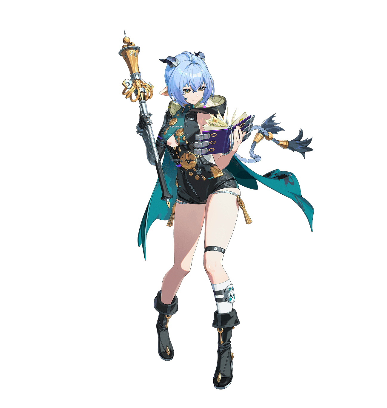 lucia (zenless zone zero), zenless zone zero, highres, official art, 1girl, ahoge, bare shoulders, blue hair, book, braid, breasts, holding, holding book, holding staff, hood, horns, low twin braids, open book, pointy ears, reading, smile, solo, staff, thighs, transparent background, twin braids