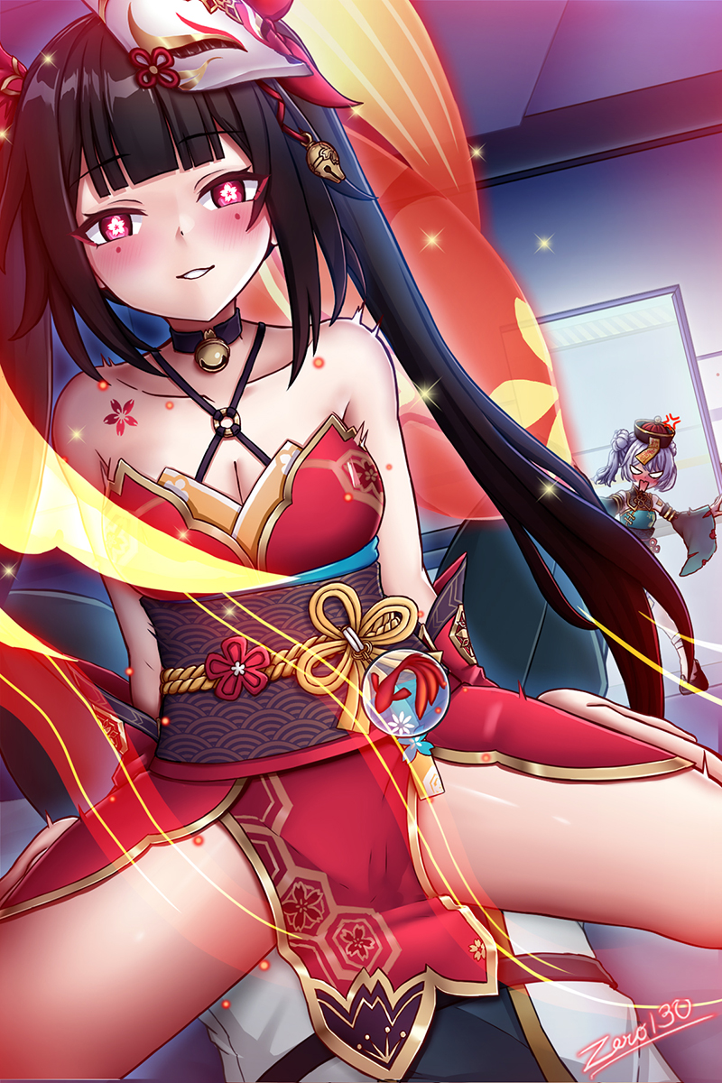 zero130, captain (honkai impact), sparkle (honkai: star rail), theresa apocalypse, honkai: star rail, honkai (series), honkai impact 3rd, highres, textless version, 1boy, 2girls, anger vein, angry, aqua dress, aqua sleeves, bare shoulders, black hair, black pants, blue eyes, breasts, china dress, chinese clothes, cleavage, closed mouth, cosplay, cowgirl position, detached sleeves, dress, grin, halloween, halloween costume, hetero, jiangshi, jiangshi costume, looking at viewer, lying, mask, mask on head, multiple girls, ofuda, ofuda on leg, on back, open mouth, pants, pink eyes, red dress, red sleeves, smile, straddling, teeth, theresa apocalypse (cosplay), twintails, white hair