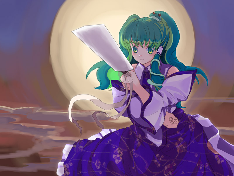 nanami sano, kochiya sanae, touhou, 1girl, blue skirt, crossed arms, detached sleeves, female focus, frog hair ornament, gohei, green eyes, green hair, hair ornament, japanese clothes, long hair, matching hair/eyes, miko, moon, serious, skirt, snake hair ornament, solo, sunset, white sleeves