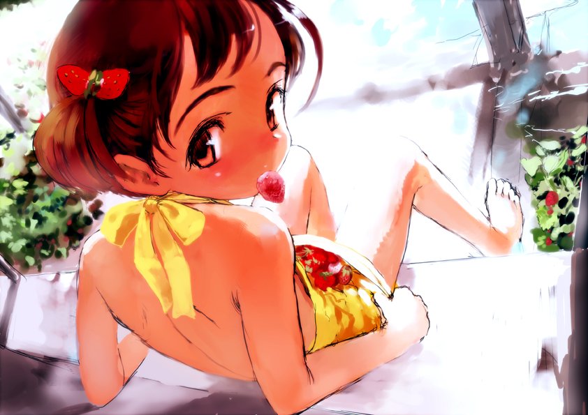 sasahara yuuki, original, 1girl, barefoot, dress, feet, female focus, food, fruit, short twintails, solo, strawberry, twintails