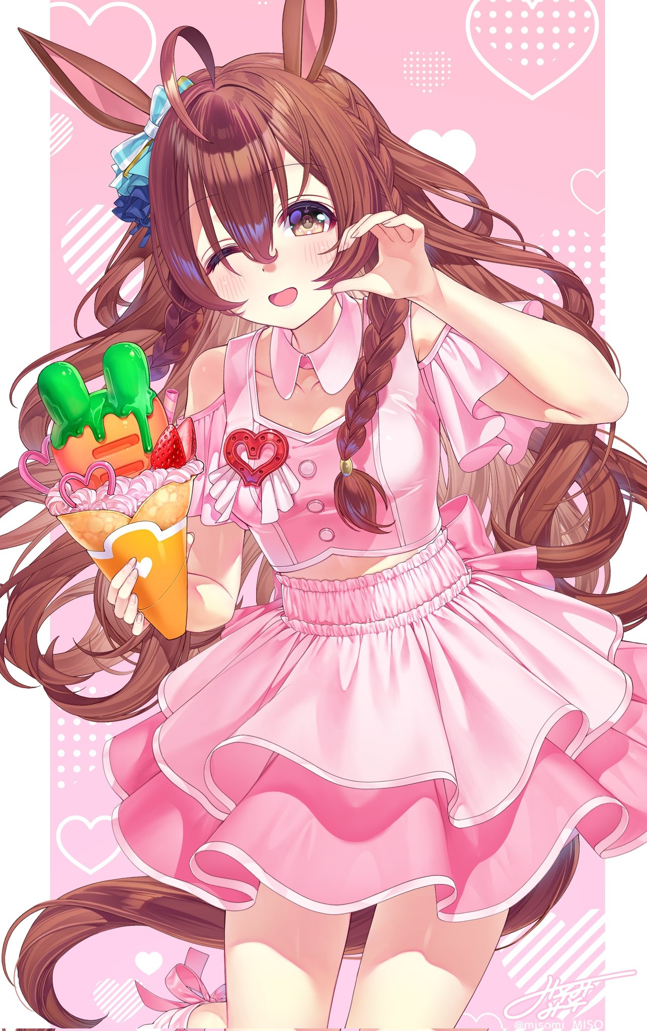 misomi miso, mejiro bright (umamusume), umamusume, highres, 1girl, ahoge, animal ears, blush, bow, braid, breasts, brown eyes, brown hair, carrot, collarbone, crepe, detached collar, ear bow, ear ornament, food, fruit, hair between eyes, hair ornament, heart, heart hands, holding, holding crepe, holding food, holding ice cream, horse ears, horse girl, horse tail, ice cream, ice cream cone, ice cream crepe, long hair, looking at viewer, midriff, one eye closed, open mouth, pink shirt, pink skirt, shirt, skirt, smile, solo, spoken heart, strawberry, tail