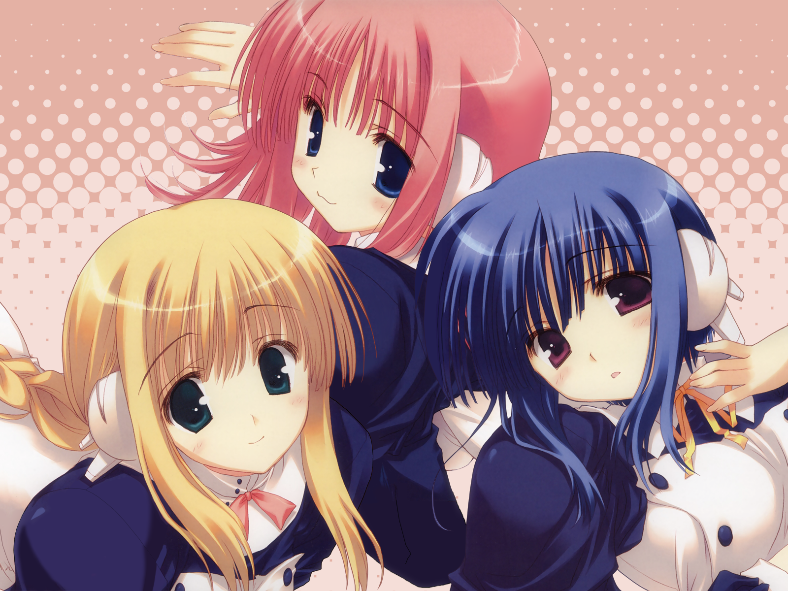 mitsumi misato, ilfa (to heart), milfa (to heart), silfa (to heart), to heart (series), to heart 2, to heart 2 ad, highres, 00s, android, blonde hair, blue eyes, blue hair, blush, braid, green eyes, pink hair, red eyes, ribbon, robot ears, single braid