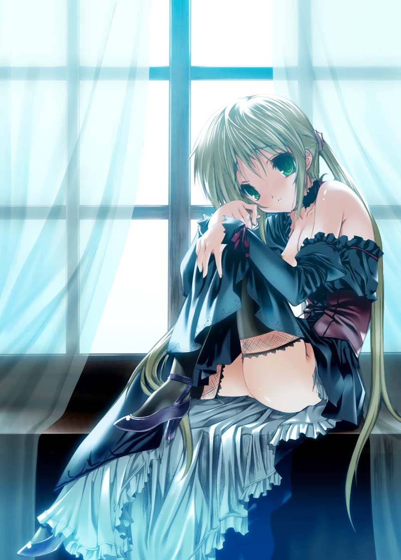 senomoto hisashi, sanzen'in nagi, hayate no gotoku!, black legwear, bare shoulders, blonde hair, breasts, choker, dress, frills, green eyes, green hair, high heels, long hair, no bra, no panties, ribbon, sad, shoes, thighhighs, twintails, very long hair