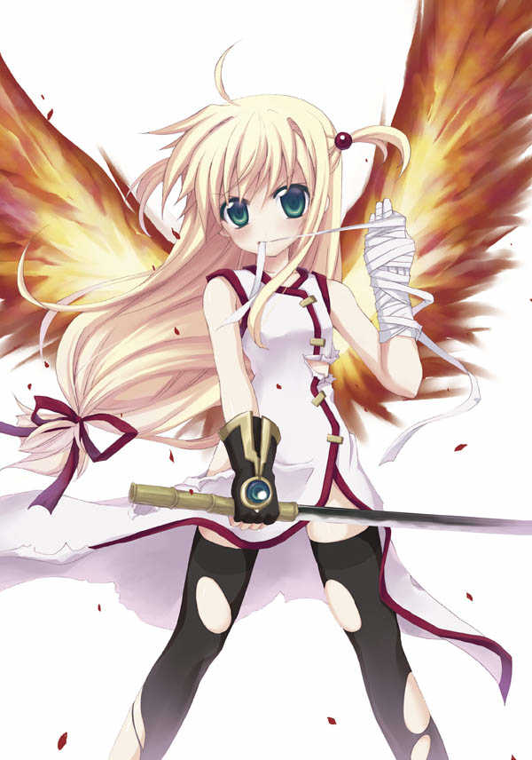 minamura haruki, arisa bunnings, burning arisa, lyrical nanoha, mahou shoujo lyrical nanoha, corrupted metadata, jpeg artifacts, 00s, 1girl, bandages, blonde hair, female focus, fiery wings, ribbon, solo, sword, thighhighs, weapon, wings