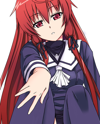 kurosho, himuro akari, night wizard, 00s, 1girl, :o, ascot, black thighhighs, expressionless, female focus, hand on own knee, long sleeves, looking at viewer, parted lips, red eyes, red hair, sailor collar, school uniform, serafuku, simple background, sitting, solo, thighhighs, white background