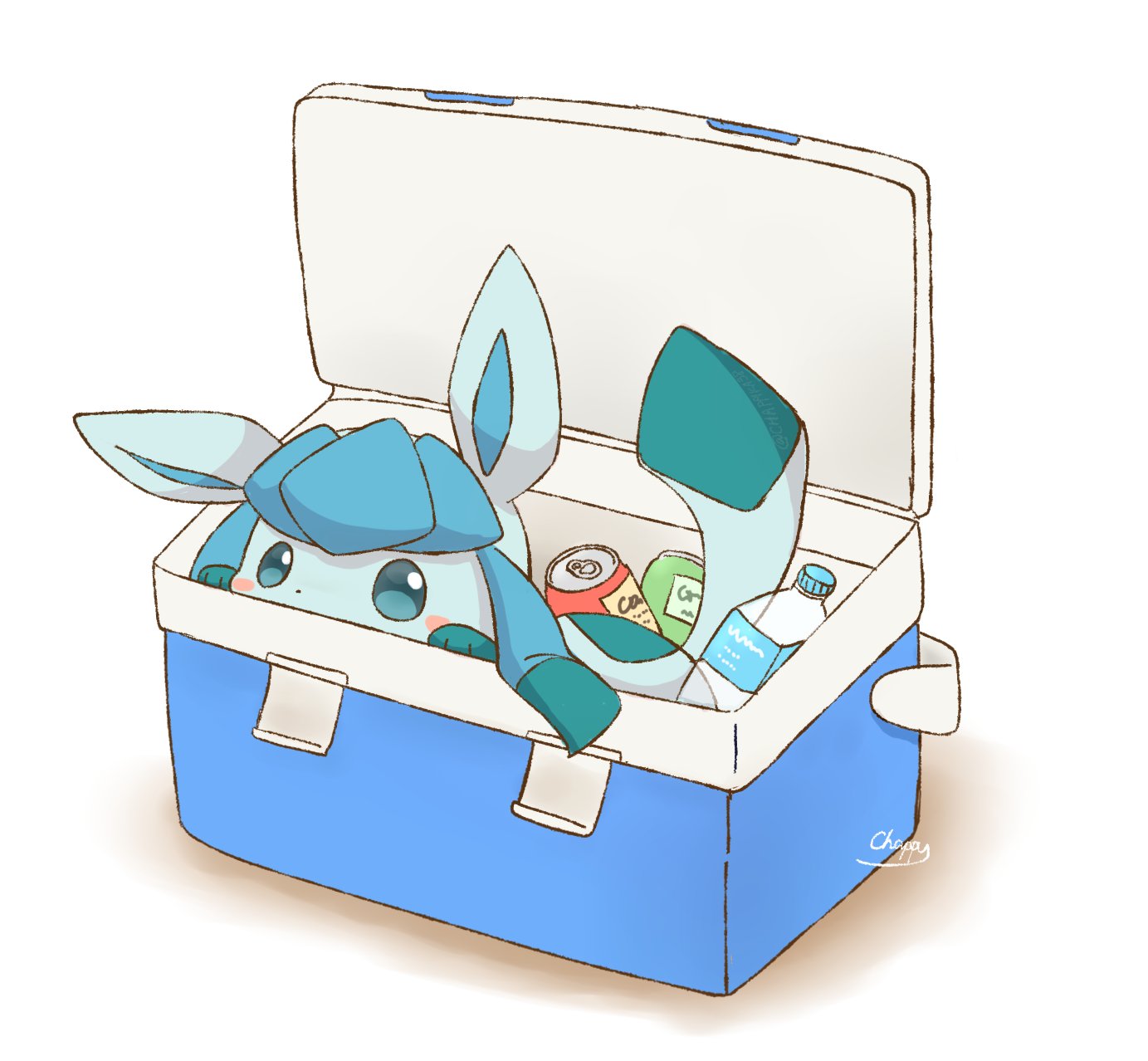 mimix, glaceon, nintendo, pokemon, commentary request, highres, animal ears, animal focus, blue eyes, blue fur, blue sclera, blush, bottle, can, colored sclera, cooler, drink can, gen 4 pokemon, hiding, no humans, pokemon (creature), pokemon focus, simple background, soda can, solo, tail, water bottle, white background