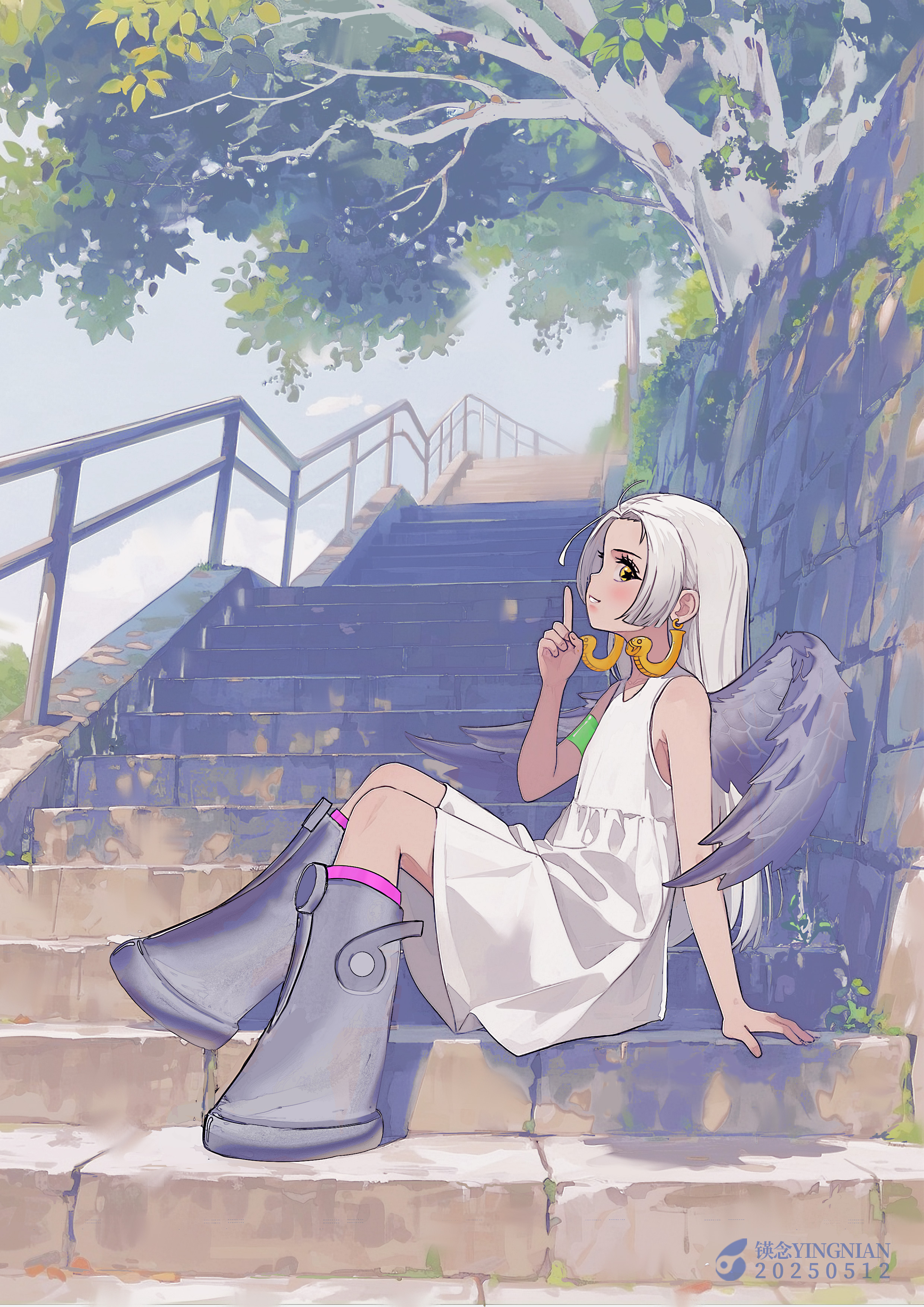 jialve, s-snake, one piece, absurdres, highres, 1girl, artist name, black boots, black wings, boots, day, dress, earrings, grey hair, index finger raised, jewelry, long hair, outdoors, railing, sitting, snake earrings, solo, stairs, star-shaped pupils, star (symbol), symbol-shaped pupils, tree, white dress, wings, yellow eyes