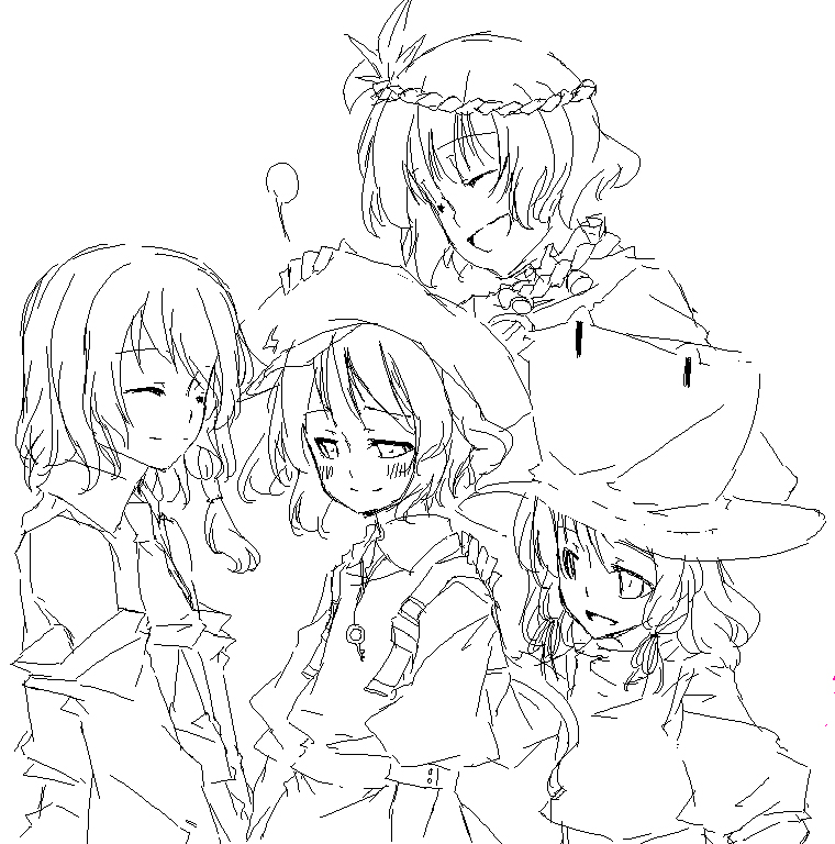 sakuraba yuuki, kawashiro nitori, kochiya sanae, moriya suwako, yasaka kanako, touhou, 4girls, :d, ^ ^, bare shoulders, closed eyes, detached sleeves, dress, extra eyes, female focus, flat cap, greyscale, hat, long hair, long sleeves, monochrome, multiple girls, nontraditional miko, oekaki, open mouth, short hair, simple background, smile, vest, white background