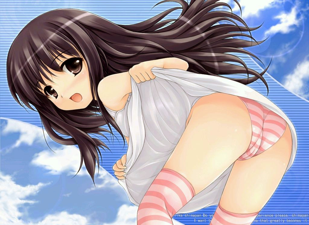 uni8, copyright request, 1girl, black hair, blush, dress, english text, engrish text, female focus, loli, panties, ranguage, smile, solo, striped clothes, striped panties, thighhighs, underwear