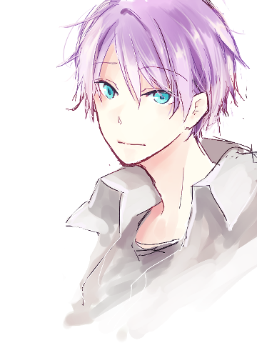 wane (ruki), blacksmith (ragnarok online), ragnarok online, commentary request, lowres, 1boy, blue eyes, closed mouth, collared shirt, expressionless, looking at viewer, male focus, portrait, purple hair, shirt, simple background, solo, white background, white shirt