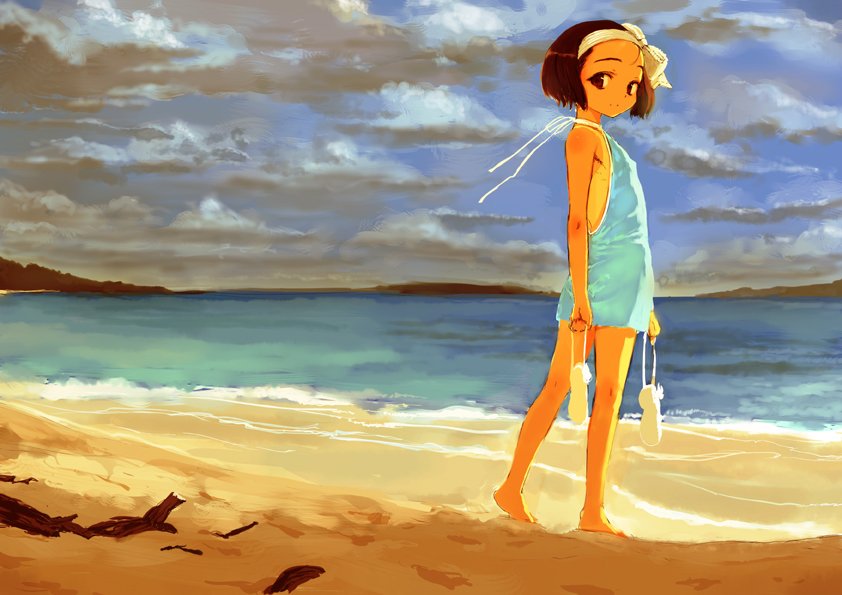 sasahara yuuki, original, wood, 1girl, barefoot, beach, bow, brown eyes, brown hair, cloud, cloudy sky, covered erect nipples, dress, female focus, flat chest, from side, hair bow, light smile, loli, looking at viewer, one-piece tan, outdoors, ribbon, shoes, short hair, sky, solo, tan, tanline, unworn shoes, walking
