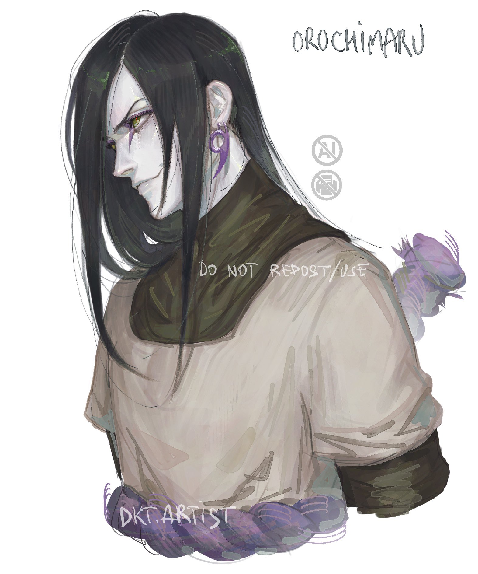 artistdkt, orochimaru (naruto), naruto (series), highres, 1boy, artist name, black hair, character name, cropped torso, earrings, facing to the side, jewelry, light smile, lips, long hair, male focus, nose, pale skin, simple background, slit pupils, snake boy, solo, white background