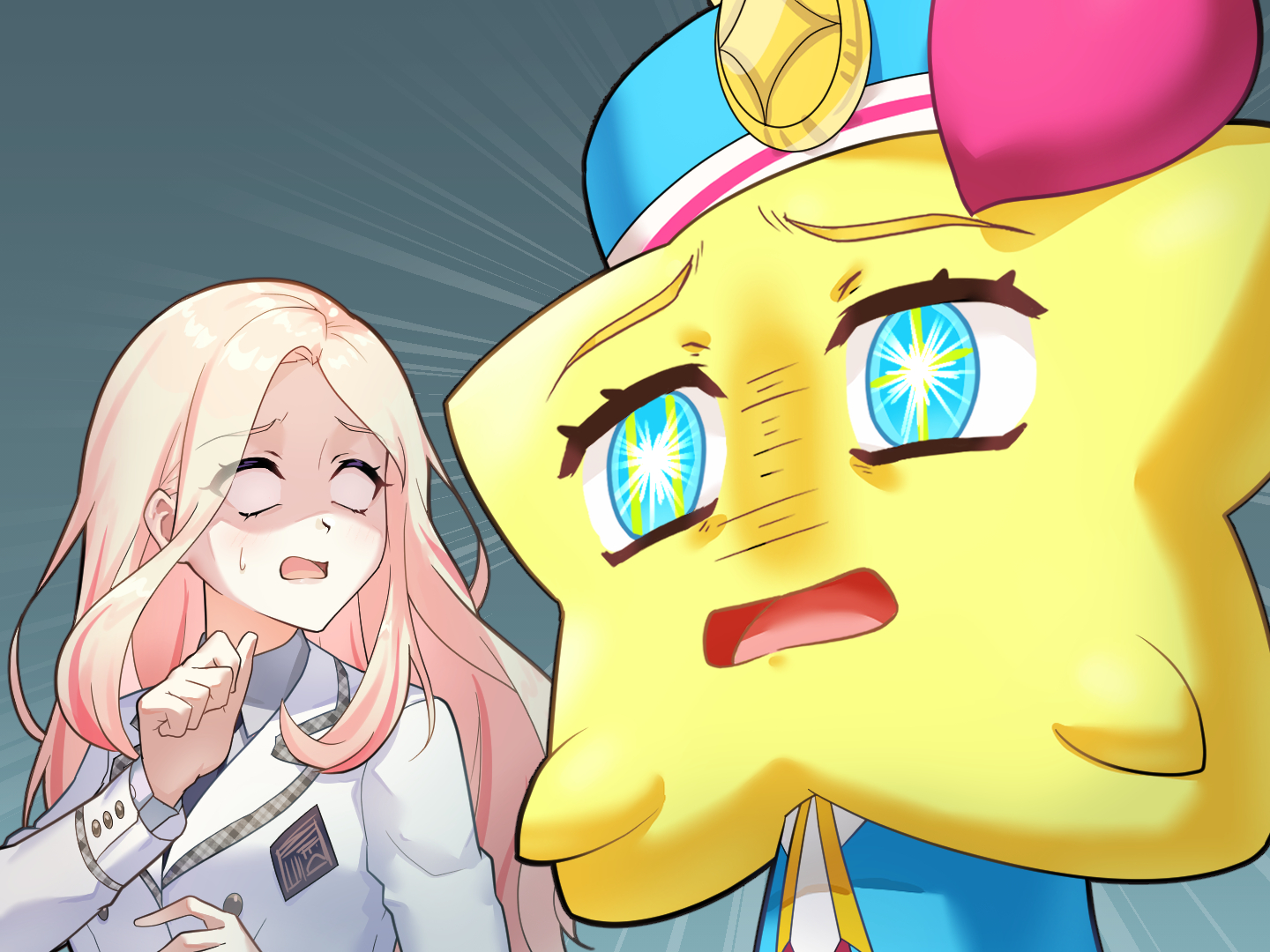 crypthiyama, hatsumi-chan (gakuen idolmaster), juo sena, usami-chan, gag manga biyori, gakuen idolmaster, idolmaster, 1girl, 1other, blonde hair, blue eyes, blue hat, hand up, hat, hatsuboshi gakuen school uniform, jacket, long hair, looking at another, mascot, no pupils, open mouth, parody, school uniform, sweatdrop, white jacket