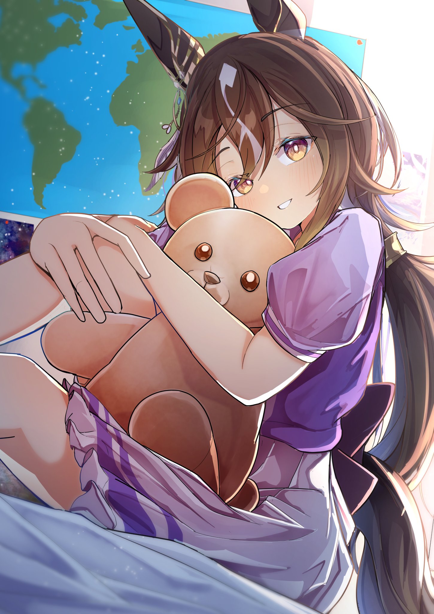 yu-muge, stay gold (umamusume), umamusume, highres, 1girl, animal ears, blush, bow, brown eyes, brown hair, ear covers, ear ornament, hair between eyes, horse ears, horse girl, horse tail, long hair, looking at viewer, multicolored hair, open mouth, parted lips, puffy short sleeves, puffy sleeves, purple serafuku, purple shirt, purple skirt, sailor collar, sailor shirt, school uniform, serafuku, shirt, short sleeves, skirt, smile, solo, stuffed animal, stuffed toy, tail, teddy bear, teeth, tracen school uniform, white hair, white skirt