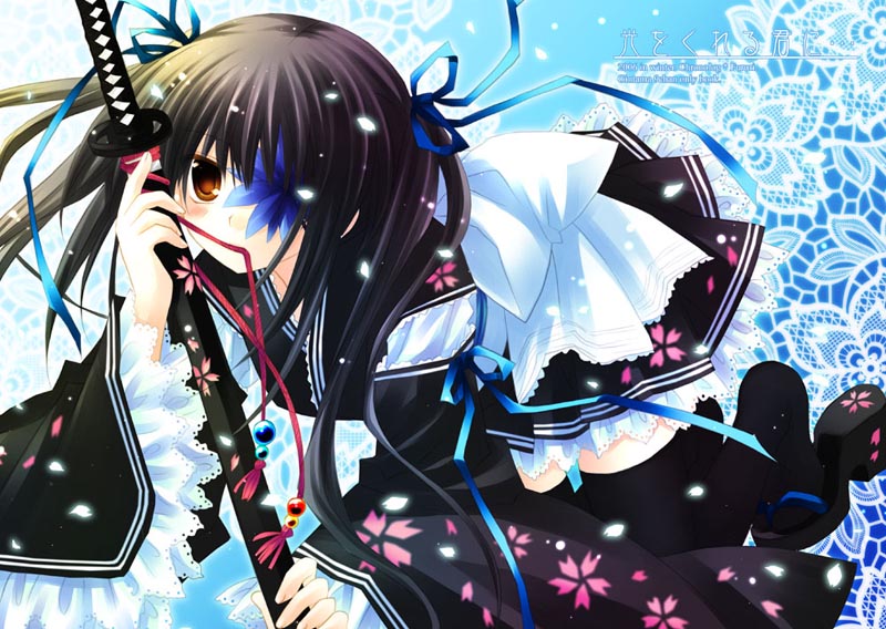 sakurazawa izumi, yagyuu kyuubei, gintama, 00s, black hair, flower, ribbon, skirt, solo, sword, thighhighs, twintails, weapon