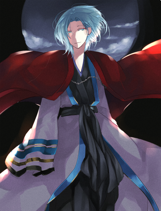 wane (ruki), soul linker (ragnarok online), ragnarok online, commentary request, 1boy, black background, black hanbok, blue eyes, blue hair, closed mouth, cloud, coat, cowboy shot, grey sky, hanbok, indoors, korean clothes, looking at viewer, male focus, overcast, purple coat, round window, short hair, sky, sleeves past fingers, sleeves past wrists, smile, solo, window