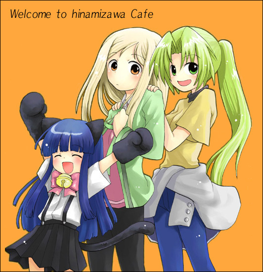 furude rika, sonozaki mion, takano miyo, higurashi no naku koro ni, 00s, 3girls, animal ears, bell, blonde hair, blue hair, blush, bow, cat ears, green hair, multiple girls, pink bow, school uniform, serafuku, smile