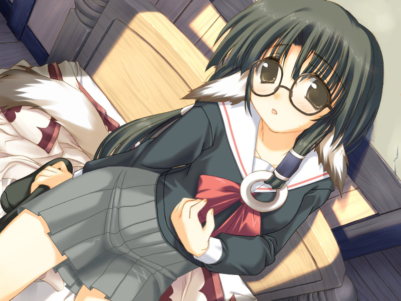 eruruu, utawarerumono, third-party edit, 00s, animal ears, black hair, blush, brown eyes, dog ears, glasses, school uniform, serafuku, solo, tail