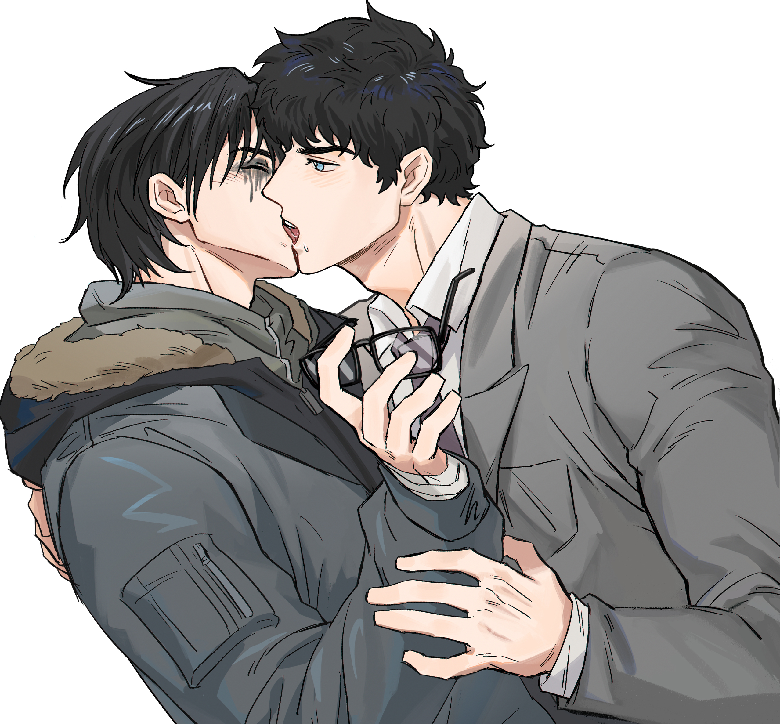 bruce wayne, clark kent, batman (series), dc comics, superman (series), chinese commentary, commentary, commentary request, highres, 2boys, black-framed eyewear, black hair, black jacket, blue eyes, breast pocket, brown fur, closed eyes, dutch angle, french kiss, from side, fur-trimmed hood, fur trim, glasses, grey jacket, hand on another's arm, holding, holding removed eyewear, hood, hooded jacket, jacket, kiss, lapels, layered sleeves, long sleeves, male focus, multiple boys, necktie, pocket, profile, short hair, simple background, suit jacket, teeth, tongue, unworn eyewear, upper body, upper teeth only, white background, xiaobodao, yaoi