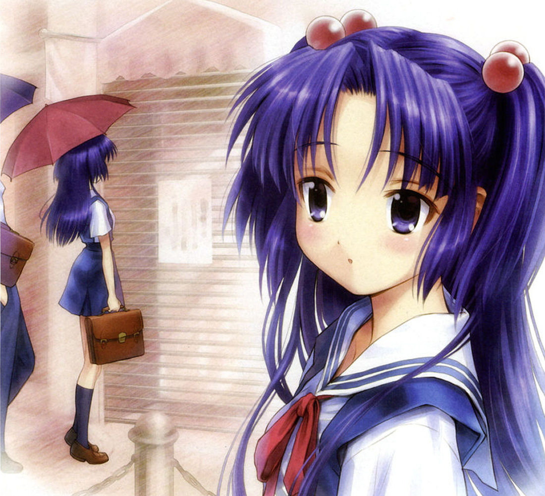 goto p, ichinose kotomi, clannad, 00s, 1girl, hair bobbles, hair ornament, school uniform, serafuku, two side up, umbrella