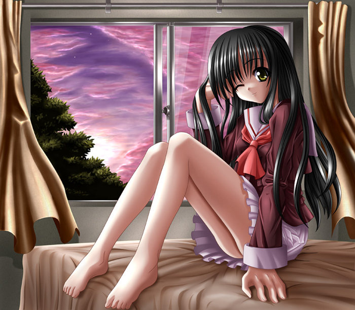 tateha (marvelous grace), 1girl, ;), barefoot, bed, black hair, female focus, long hair, one eye closed, ribbon, school uniform, serafuku, sky, smile, solo, wink, yellow eyes