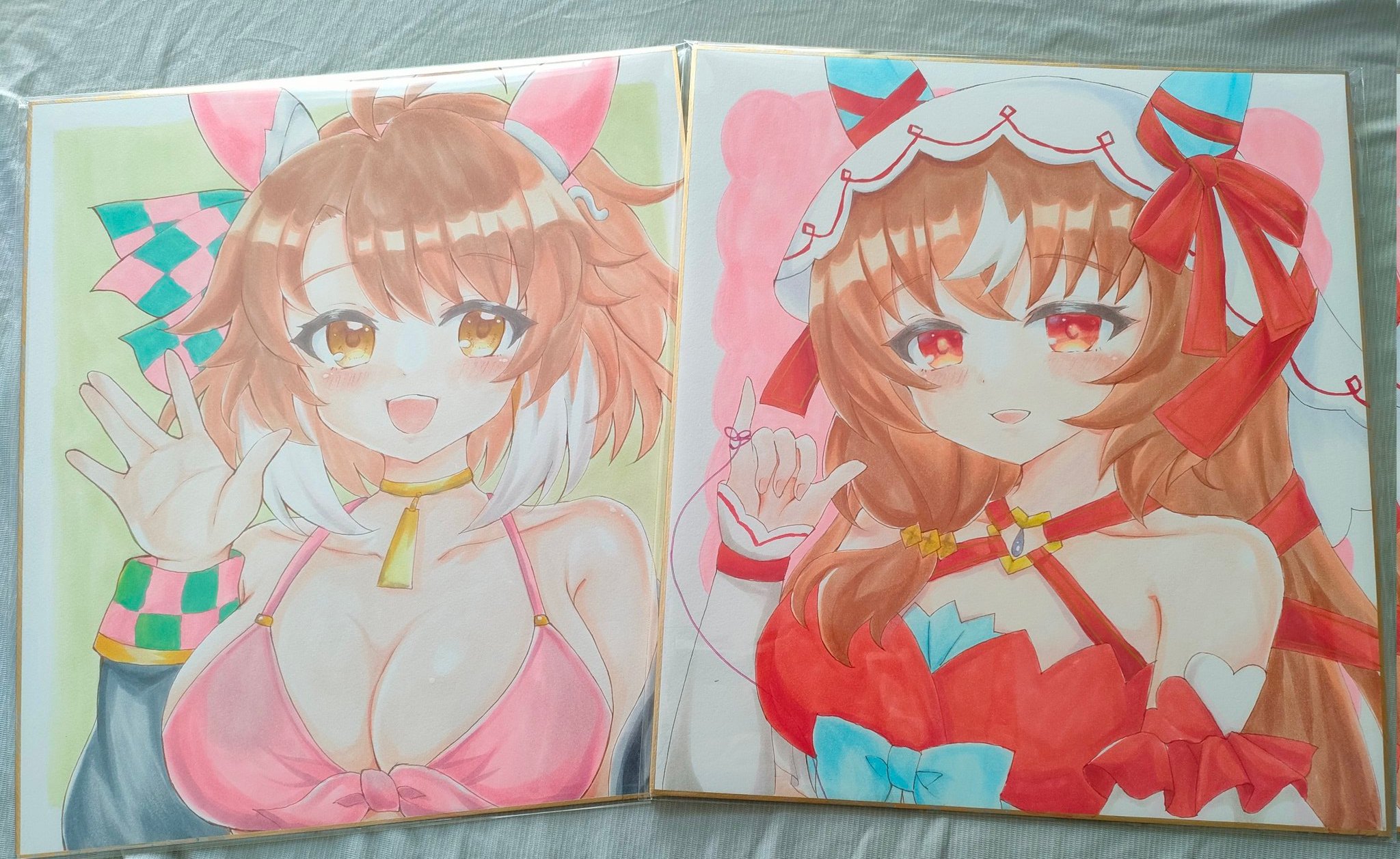 terimuku, dantsu flame (umamusume), still in love (umamusume), umamusume, commentary request, highres, photo (medium), traditional media, 2girls, :d, ahoge, animal ears, bare shoulders, blush, bow, breasts, brown eyes, brown hair, cleavage, collarbone, ear bow, hair between eyes, horse ears, large breasts, long hair, long sleeves, looking at viewer, multicolored hair, multiple girls, open mouth, parted bangs, red bow, red eyes, shikishi, sleeves past wrists, smile, streaked hair, string around finger, two-tone hair, upper body, veil, white hair
