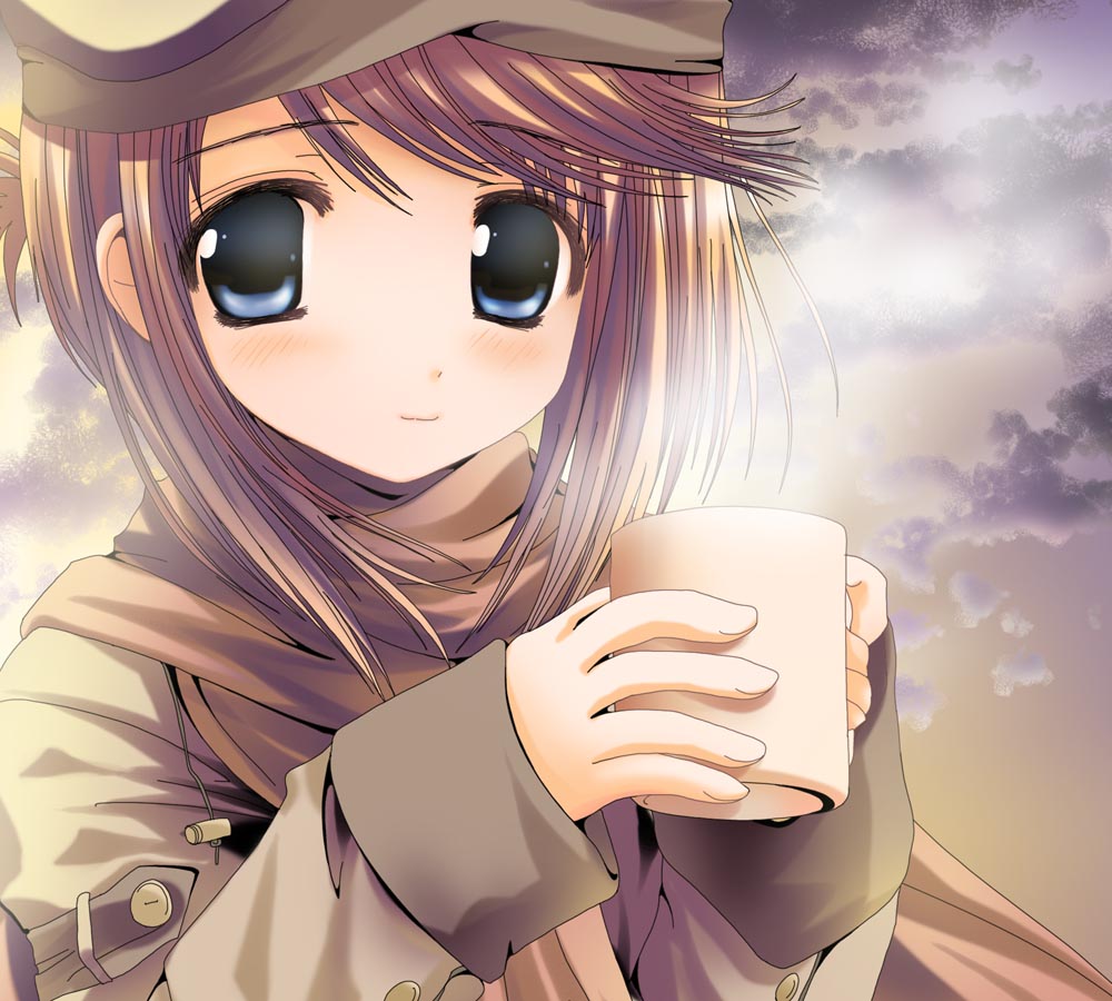 namamo nanase, komaki manaka, to heart (series), to heart 2, 00s, blush, drink, hat, scarf, sky, smile, solo