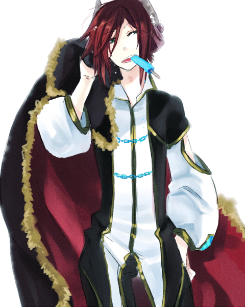 wane (ruki), warlock (ragnarok online), ragnarok online, commentary request, 1boy, black cape, black shirt, cape, cowboy shot, food, fur-trimmed cape, fur trim, gold trim, hair over one eye, hand in pocket, holding, holding food, holding popsicle, holding unworn cape, holding unworn clothes, long sleeves, looking at viewer, male focus, official alternate costume, open mouth, popsicle, red cape, red hair, shirt, short hair, simple background, solo, two-sided cape, two-sided fabric, two-tone shirt, unworn cape, white background, white shirt