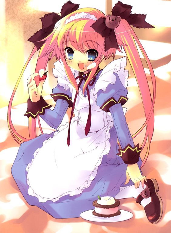ito noizi, cake, food, fruit, ice cream, maid, pastry, ribbon, smile, solo, strawberry, twintails