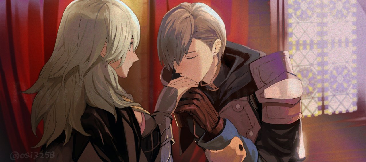 ushiomi, ashe ubert, ashe ubert (timeskip), female byleth (enlightened) (fire emblem), female byleth (fire emblem), fire emblem, fire emblem: three houses, nintendo, 1boy, 1girl, breasts, brown gloves, closed eyes, gloves, green hair, grey hair, hetero, indoors, kiss, kissing hand, large breasts, medium hair, surprised, upper body