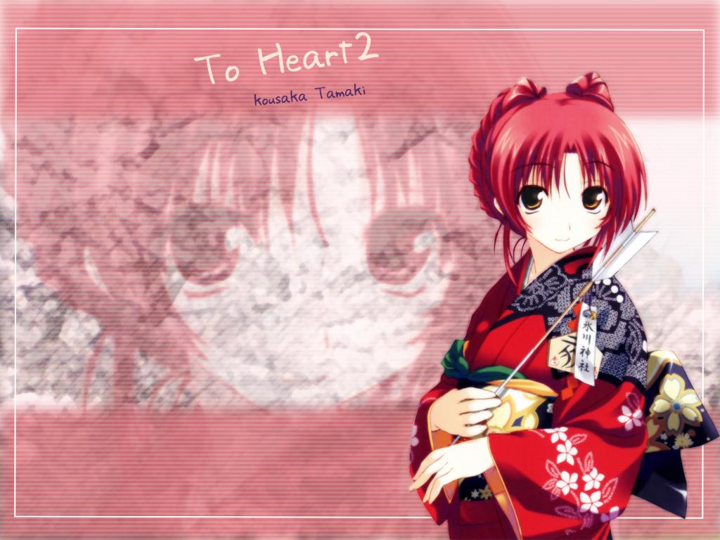 amazuyu tatsuki, kousaka tamaki, to heart (series), to heart 2, 00s, arrow (projectile), brown eyes, japanese clothes, kimono, red hair, smile