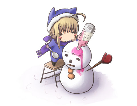 satomi (black scarecrow), artoria pendragon (fate), saber (fate), fate/hollow ataraxia, fate/stay night, fate (series), lowres, 00s, 1girl, :3, ahoge, blonde hair, blue scarf, chibi, female focus, food, hat, scarf, shaved ice, snowman, solo, spoon