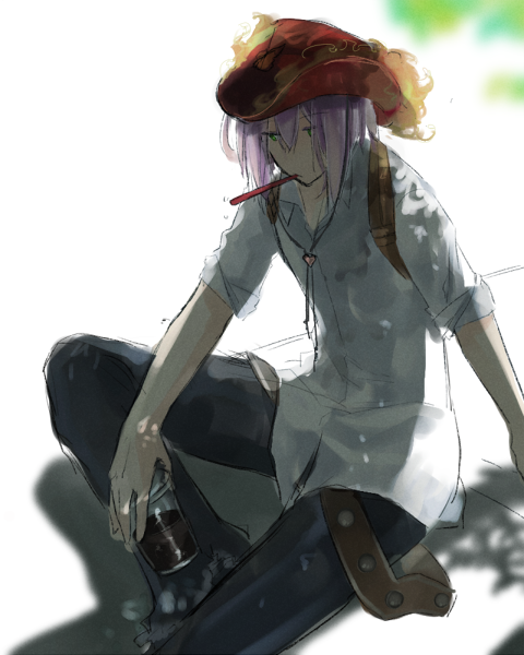 wane (ruki), blacksmith (ragnarok online), ragnarok online, commentary request, 1boy, closed mouth, coffee, cowboy hat, cup, disposable coffee cup, disposable cup, foot out of frame, green eyes, hat, holding, holding cup, looking at viewer, male focus, purple hair, red hat, shirt, short hair, short sleeves, simple background, sitting, solo, white background, white shirt
