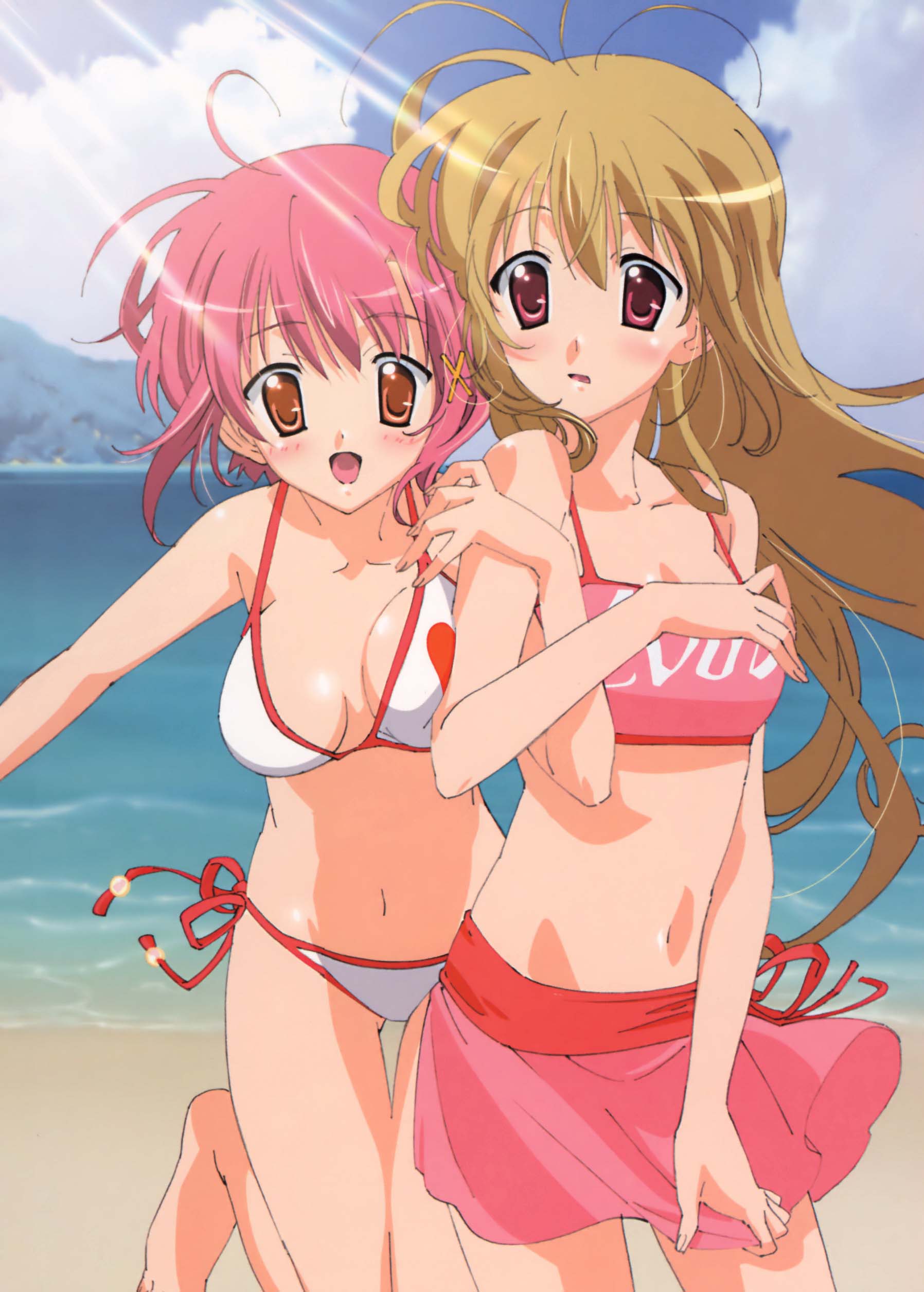 shimazawa noriko, mikado mariya, miyanokouji mizuho, otome wa boku ni koishiteru, eyebrows, absurdres, gender request, highres, 00s, 1boy, 1girl, beach, bikini, blush, breasts, brown hair, cloud, day, genderswap, medium breasts, outdoors, pink hair, side-tie bikini bottom, sky, smile, swimsuit, trap, water