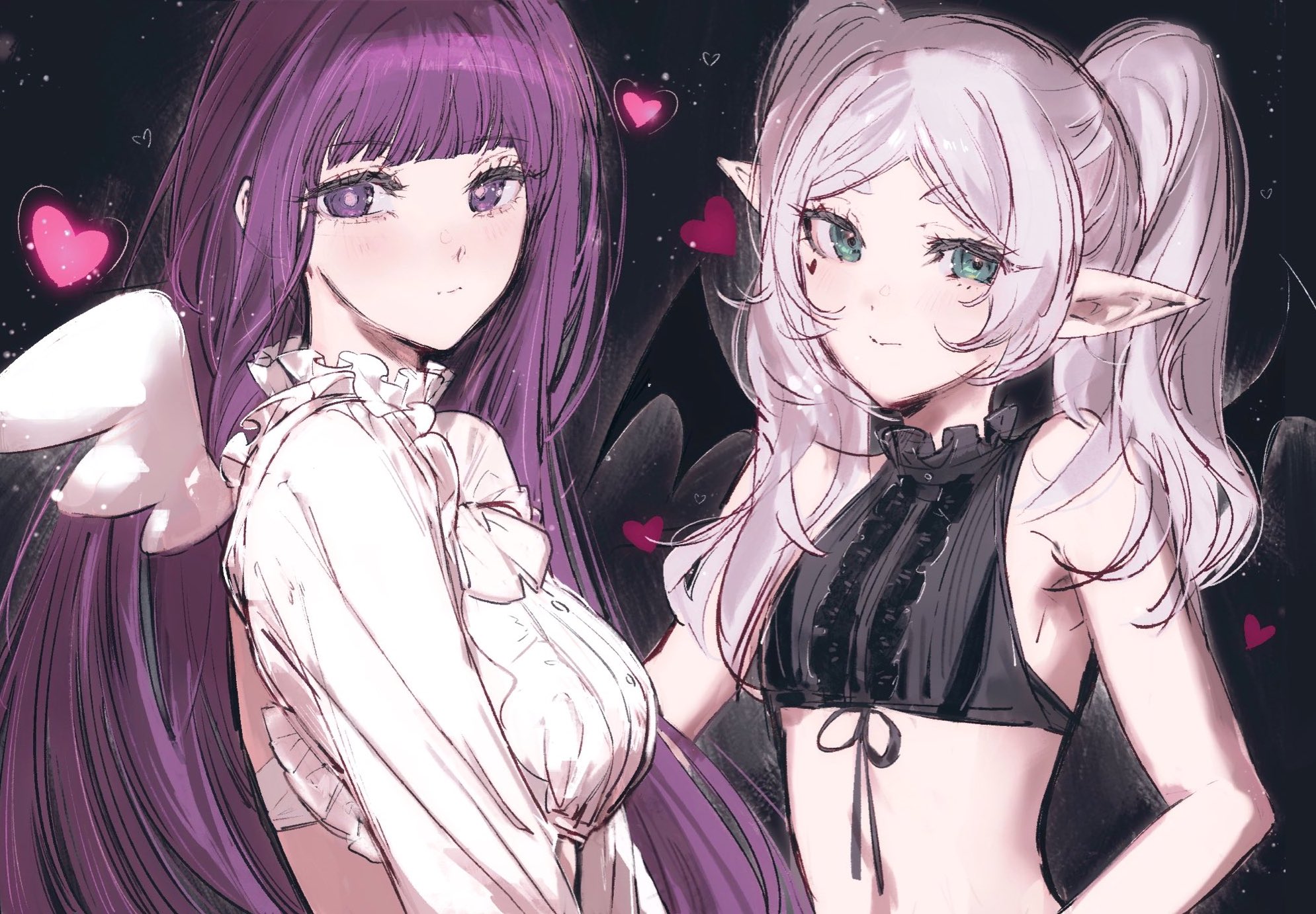 moku (muooku), fern (sousou no frieren), frieren, sousou no frieren, highres, 2girls, alternate costume, blunt bangs, breasts, closed mouth, flat chest, green eyes, heart, large breasts, light smile, long hair, looking at viewer, multiple girls, pointy ears, purple eyes, purple hair, thick eyebrows, twintails, upper body, white wings, wings