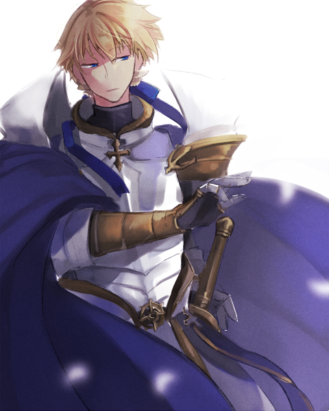 wane (ruki), royal guard (ragnarok online), ragnarok online, commentary request, 1boy, armor, blonde hair, blue cape, blue eyes, breastplate, cape, closed mouth, cowboy shot, expressionless, gauntlets, looking afar, looking to the side, male focus, official alternate costume, pauldrons, short hair, shoulder armor, solo