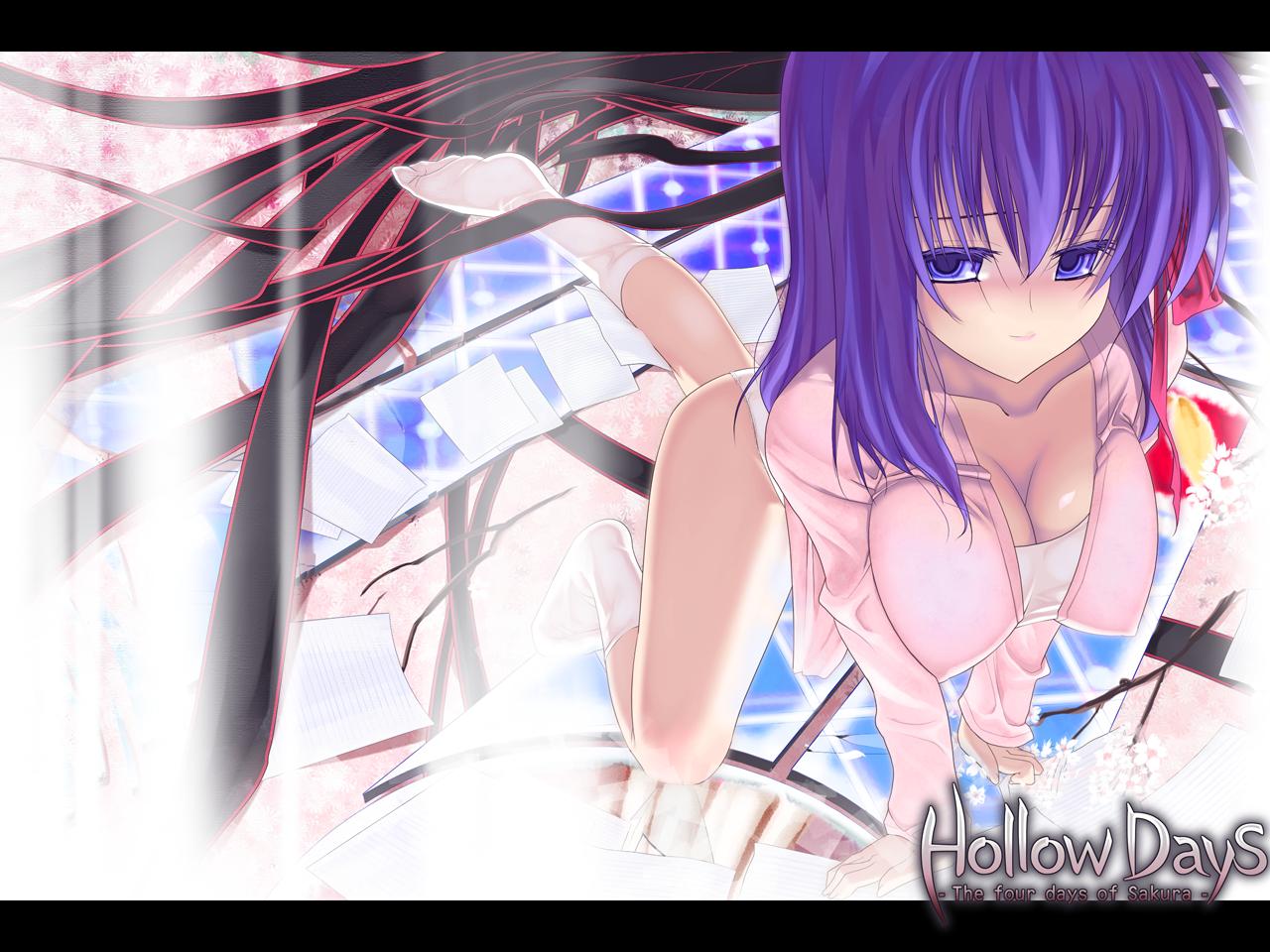matou sakura, fate/stay night, fate (series), 00s, 1girl, all fours, breasts, cleavage, female focus, hanging breasts, large breasts, letterboxed, long hair, paper, purple eyes, purple hair, ribbon, socks, solo