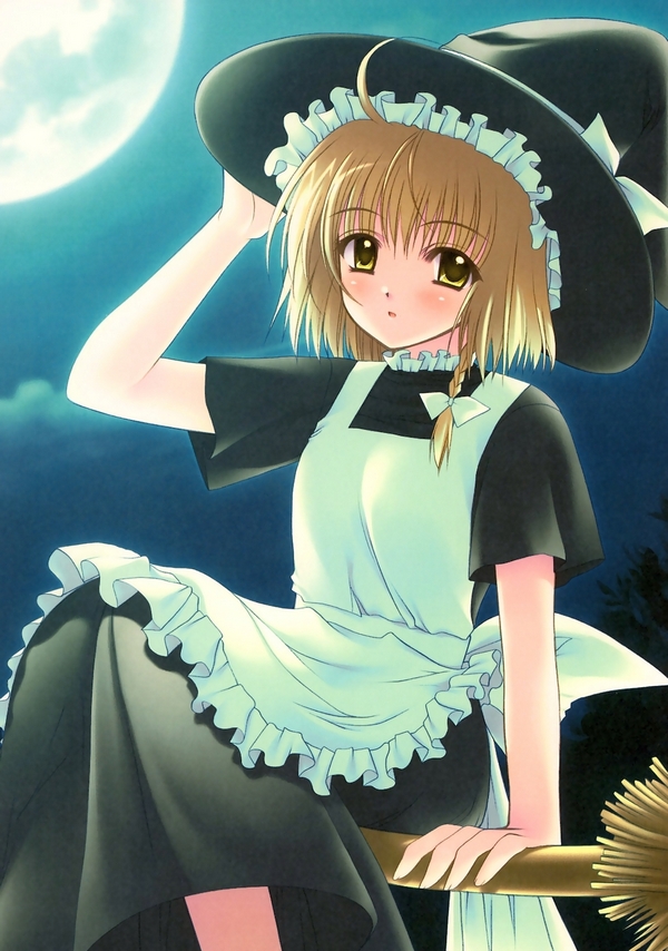 kirisame marisa, embodiment of scarlet devil, touhou, 1girl, blonde hair, braid, broom, broom riding, female focus, hair ribbon, hand on headwear, hat, moon, night, ribbon, sidesaddle, solo, witch, witch hat, yellow eyes