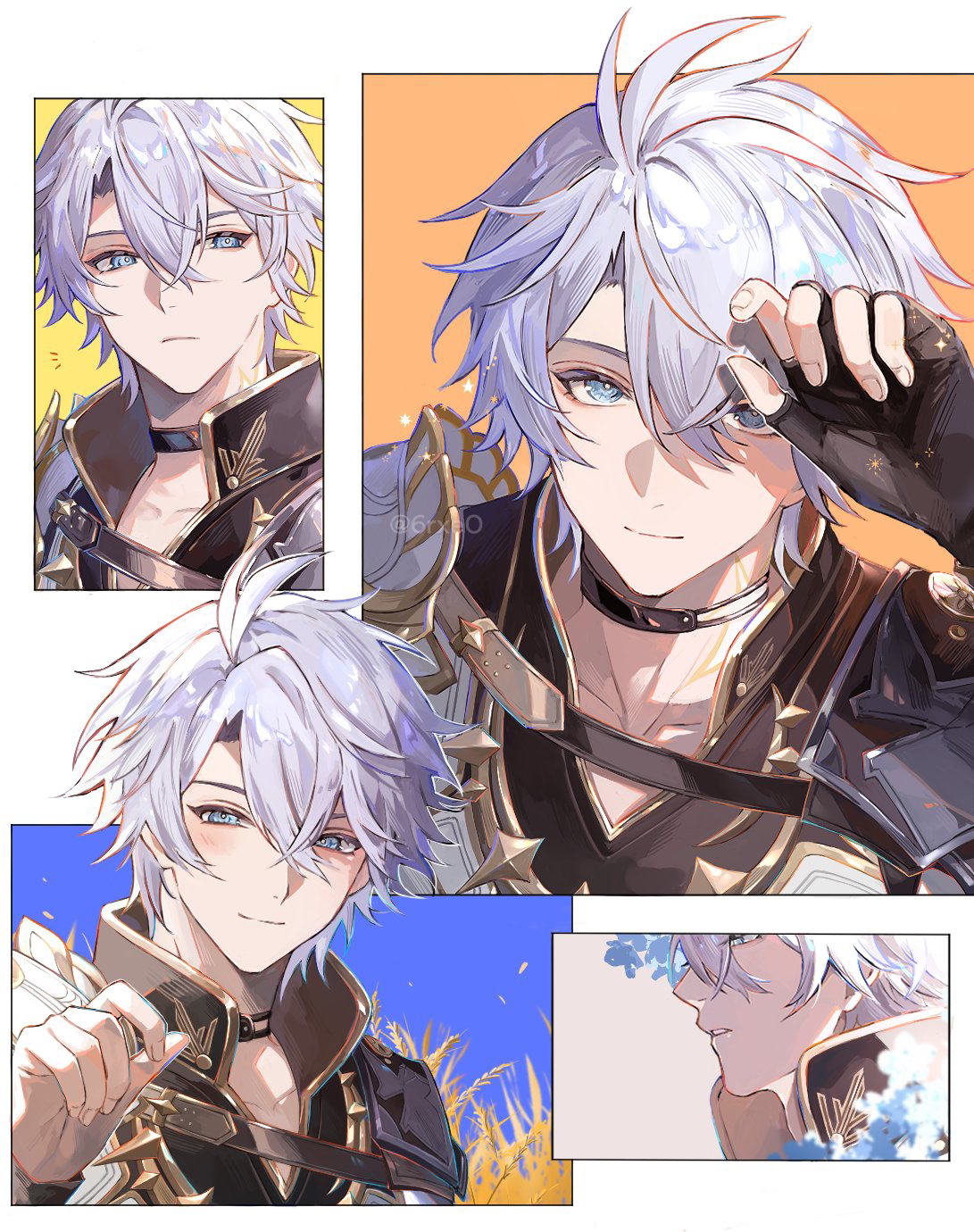 phainon (honkai: star rail), honkai: star rail, honkai (series), highres, 1boy, 6rxeo, belt, black choker, black gloves, blue eyes, brown belt, choker, closed mouth, coat, crossed bangs, fingerless gloves, gloves, gold tattoo, grey hair, hair between eyes, half-closed eyes, hand up, looking at viewer, male focus, multiple views, neck tattoo, parted bangs, parted lips, short hair, smile, solo, tattoo, teeth, upper body, white coat