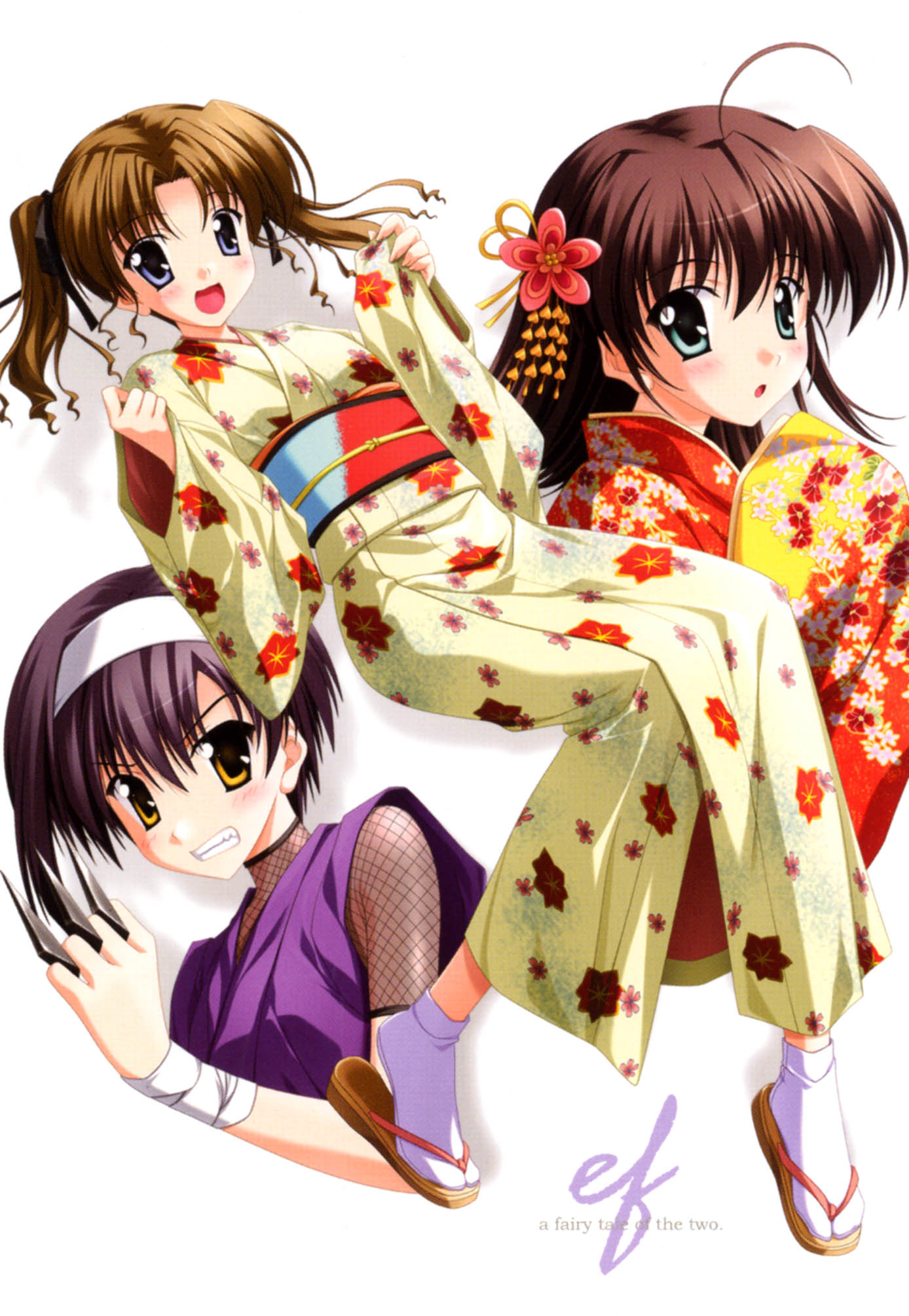 nanao naru, hayama mizuki, miyamura miyako, shindou kei (ef), ef (visual novel), highres, 00s, 3girls, :d, :o, ahoge, angry, aqua eyes, blush, brown hair, copyright name, fishnets, floral print, flower, hair ornament, hair ribbon, hairband, japanese clothes, kanzashi, kimono, kunai, long hair, multiple girls, ninja, obi, open mouth, parted bangs, purple eyes, ribbon, sash, short hair, smile, tabi, teeth, tsumami kanzashi, twintails, weapon, yellow eyes