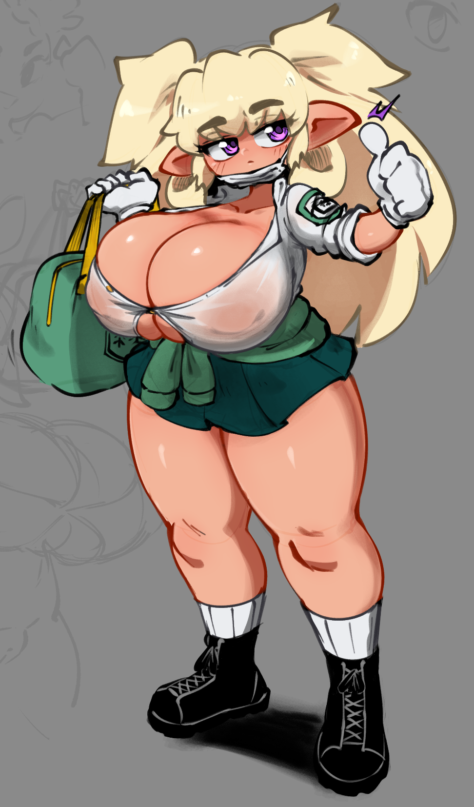 jellot, dark elven forest ranger, last origin, highres, 1girl, bag, blonde hair, breasts, cleavage, clothes around waist, collared shirt, covered erect nipples, dark elf, elf, grey background, huge breasts, jacket, jacket around waist, long hair, pleated skirt, pointy ears, purple eyes, shirt, shoes, short sleeves, shoulder bag, skirt, socks, solo, thick thighs, thighs, thumbs up, two side up