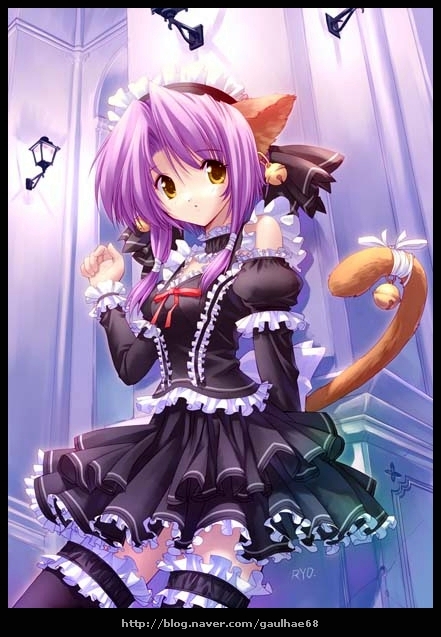 ueda ryou, original, 1girl, animal ears, bell, cat ears, cat tail, female focus, goth fashion, purple hair, solo, tail, thighhighs, twintails